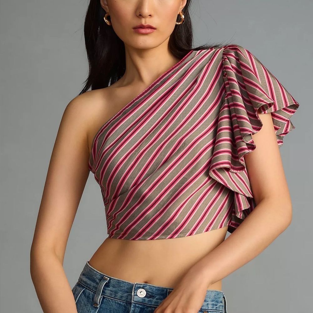 Maeve One-Shoulder Cropped Stripe Ruffle Blouse